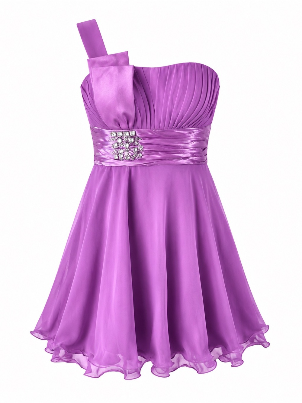 One Shoulder Pink Cocktail Dress With Pleated Bodice & Embellished Waist